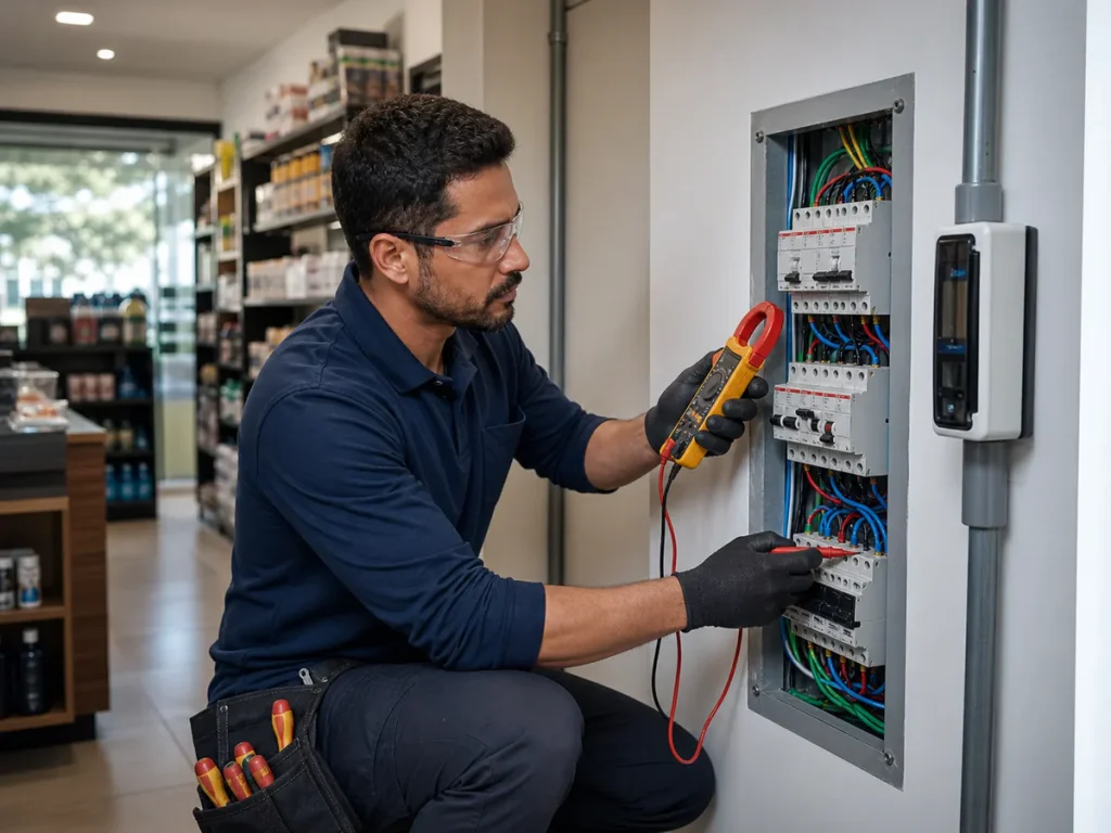 Eletricista verificando quadro elétrico de comércio em São Carlos