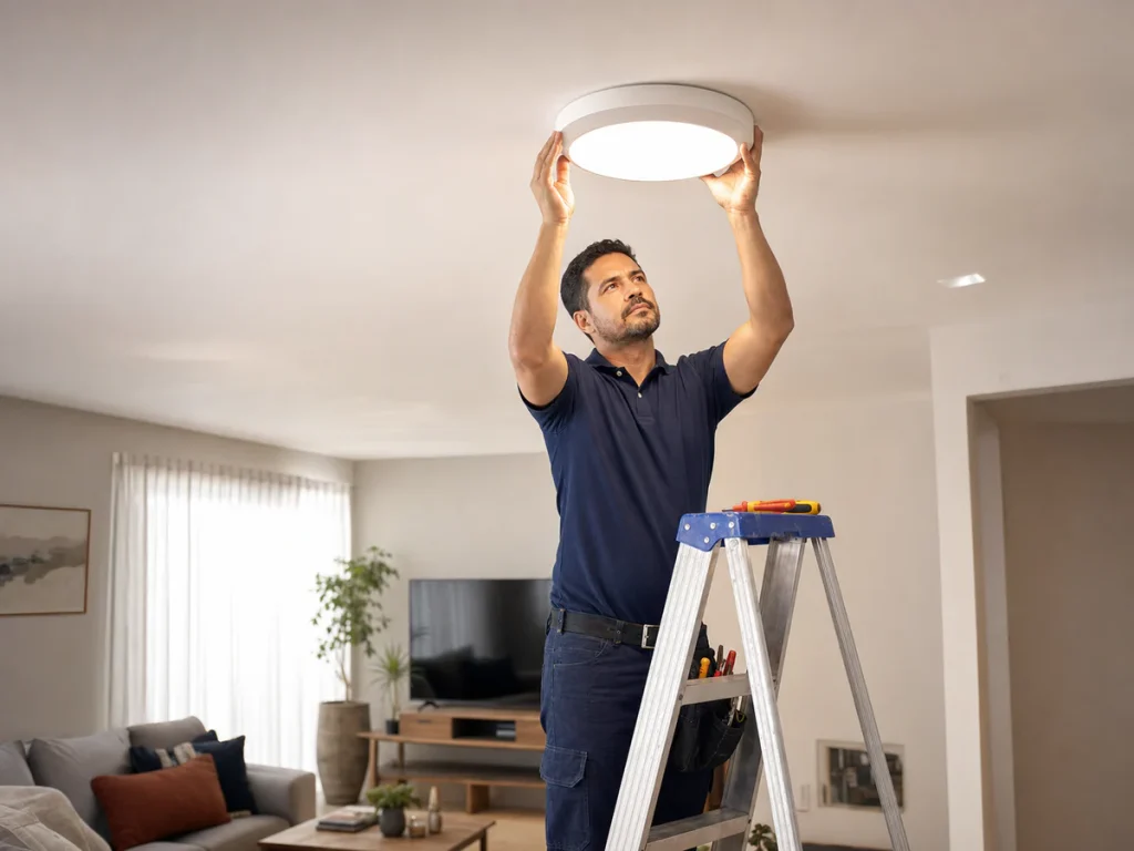 Eletricista instalando luminária LED em residência em São Carlos