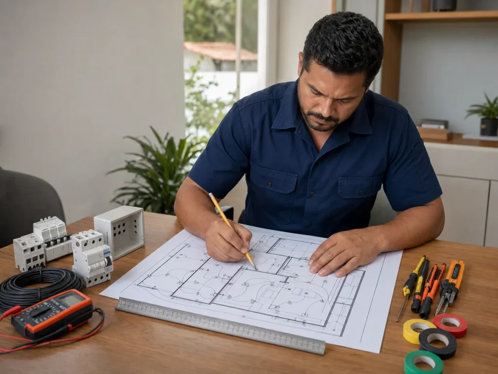 Eletricista planejando projeto elétrico residencial em São Carlos