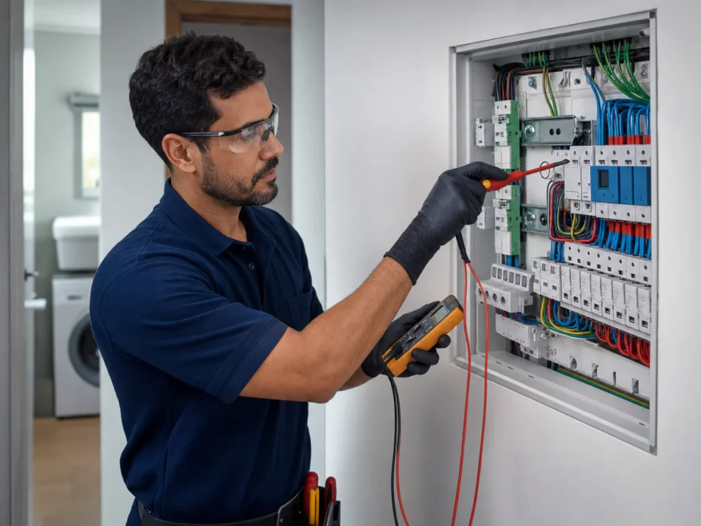 Eletricista verificando quadro de distribuição e disjuntores em São Carlos