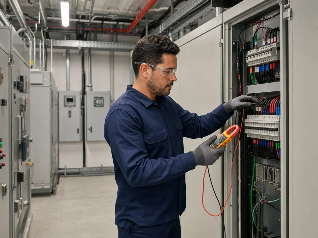 Eletricista inspecionando painel elétrico industrial e predial em São Carlos