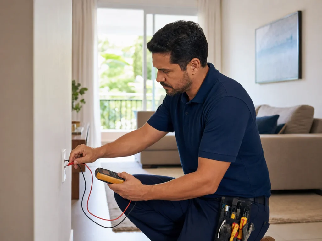 Eletricista realizando diagnóstico em tomada residencial em São Carlos